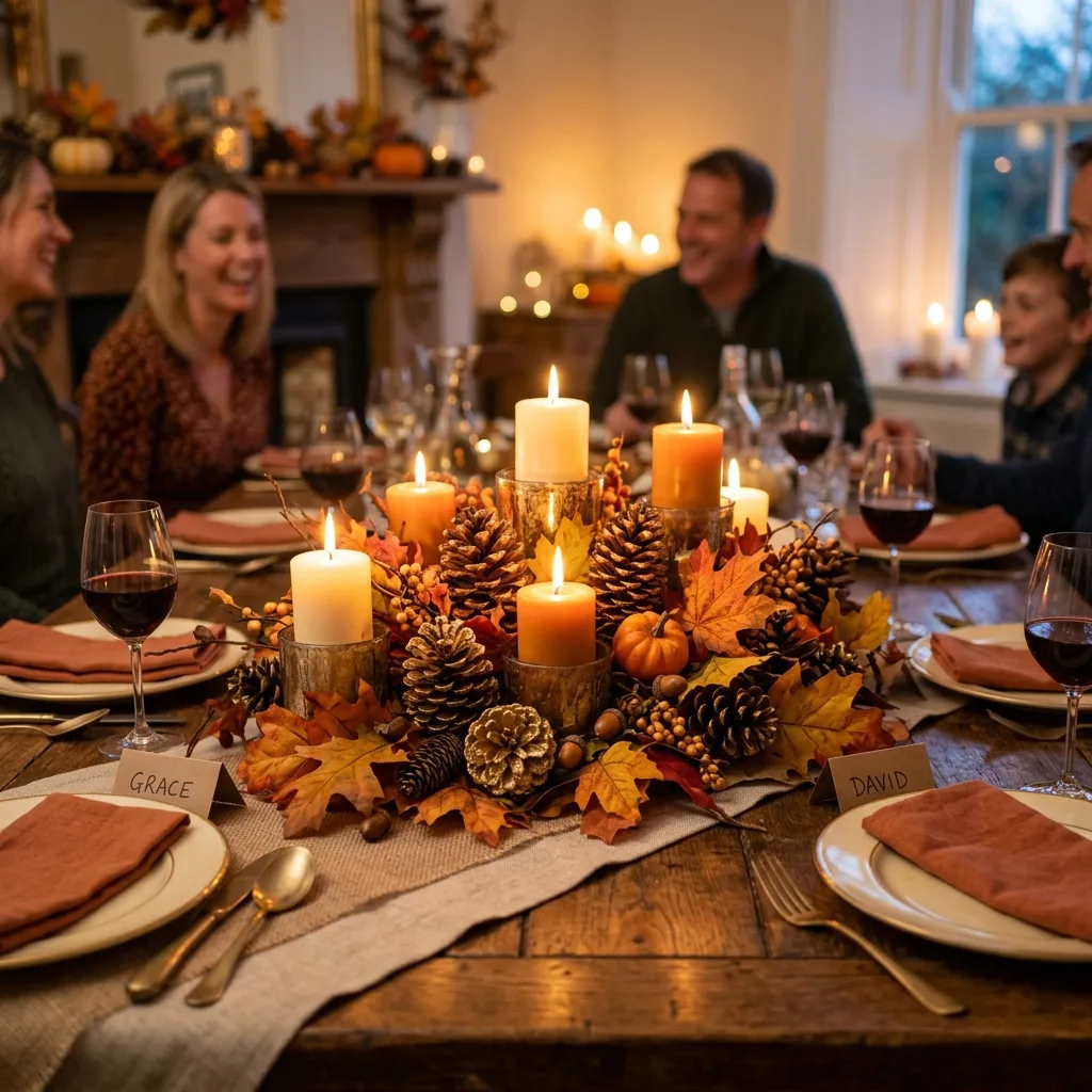 DIY pinecone Thanksgiving centerpiece on a dining table